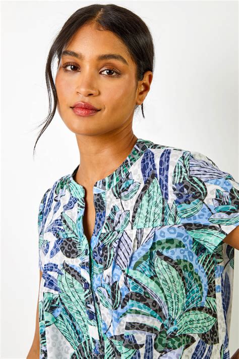 Burnout Animal Tropical Print Tie Detail Top In Blue Roman Originals Uk