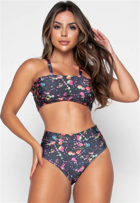 Biquini Mood Modas Top Faixa Estampado Cintura Alta Praia Verão Hot Pants Preto Compre