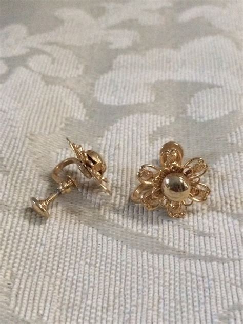 Vintage Flower Earrings Screw Back Earrings Gold Flower Etsy