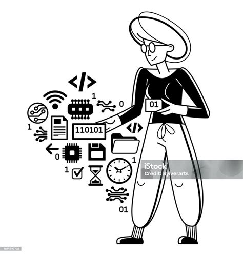 Computer Engineer In Work Vector Outline Illustration Programmer And System Administrator Doing