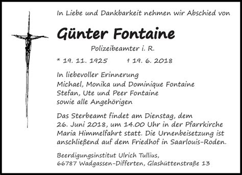 Traueranzeigen von Günter Fontaine Saarbruecker Zeitung Trauer de