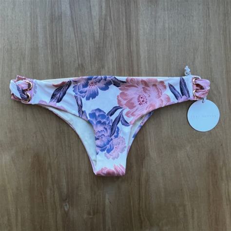 TORI PRAVER JEANE CHEEKY Womens Ivory Pink Floral Bikini Bottoms Sz L