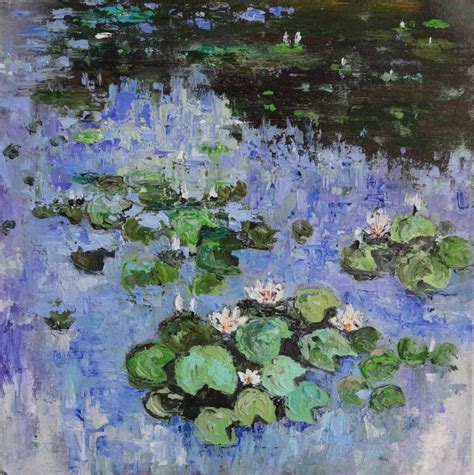 Water Lilies In A Blue Pond Impasto Oil Painting Painting By Indrani