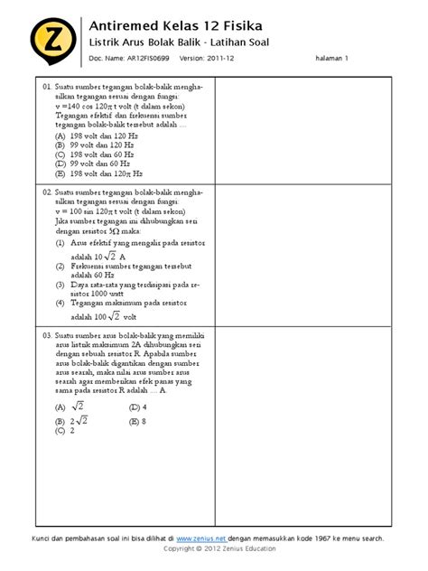 Antiremed Kelas 12 Fisika Listrik Arus Bolak Balik Latihan Soal Pdf