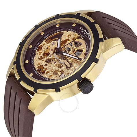 Akribos Automatic Gold Tone Skeleton Dial Brown Rubber Men S Watch