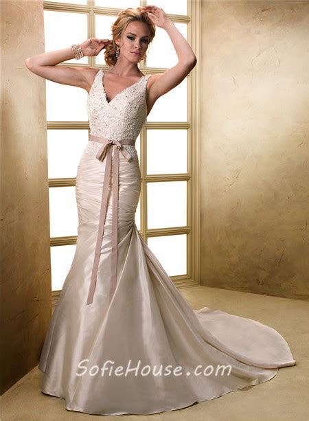 Mermaid V Neck Corset Back Champagne Lace Satin Wedding Dress With