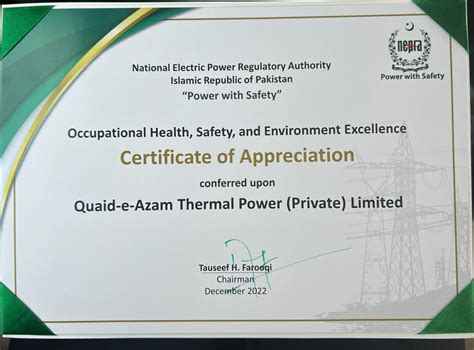 HSE Certificate of Appreciation – Quaid e Azam Thermal Power (Pvt) Limited