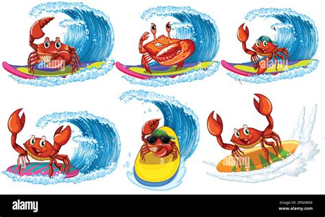 Funny Crab Cartoon Characters In Summer Theme Illustration Stock Vector