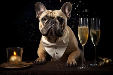 Premium Ai Image Festive Clothing Bulldog Sitting With Glass Of