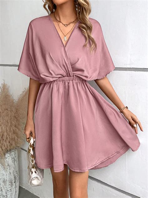 Solid Surplice Neck Batwing Sleeve Dress SHEIN USA