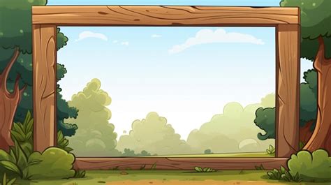 Premium Vector | A cartoon illustration of a wooden frame with a wooden frame with trees and a ...