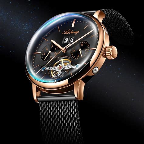 Ailang Men Skeleton Automatic Mechanical Watch Black Tourbillon Man