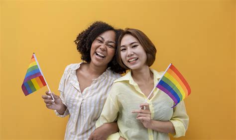 Couple Of Same Sex Marriage Holding Lgbtq Rainbow Flag For Pride Month