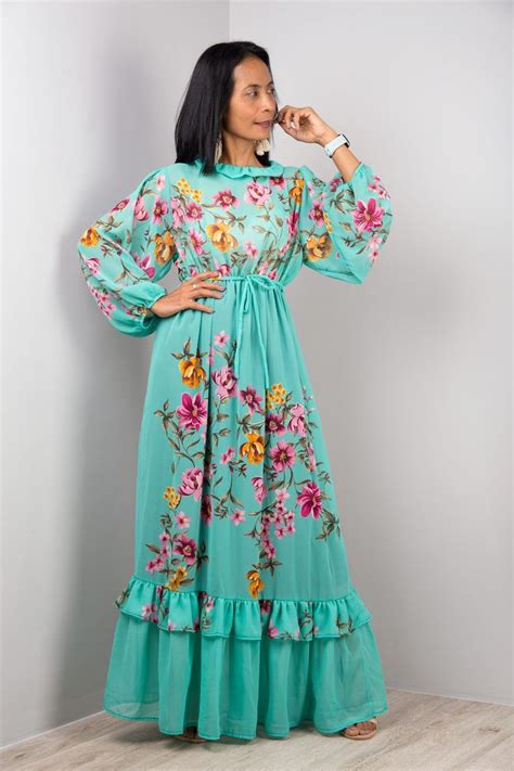 Floral Chiffon Maxi Dress Long Sleeves Modest Gown Dress With Ruffle At