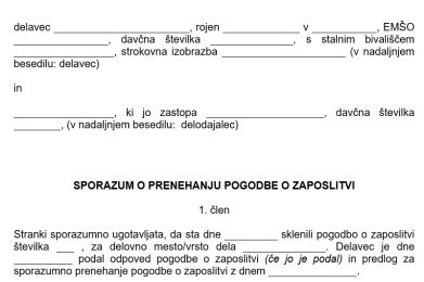 Sporazumno Prenehanje Pogodbe O Zaposlitvi ZDOPS