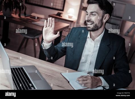 Positive Delighted Brunette Communicating Online Stock Photo Alamy