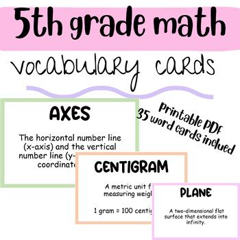 5th Grade Math Vocabulary Words, word wall card, vocabulary wall