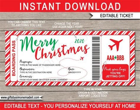 Christmas Boarding Pass Template Ticket Surprise Trip Reveal Etsy