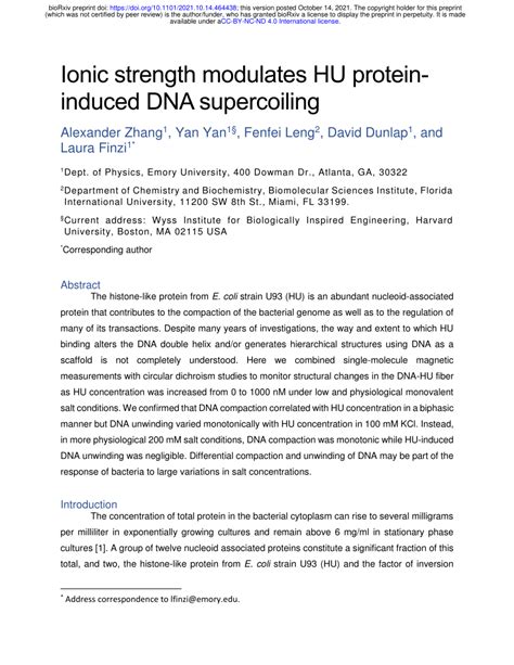 Pdf Ionic Strength Modulates Hu Protein Induced Dna Supercoiling