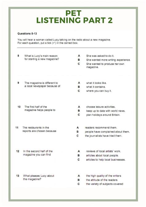 The Pet Listening Part 2 Worksheet Is Shown In Green And Has Words On It