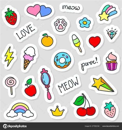 Set Cute Stickers Doodle Illustration Kawaii Objects Hearts Strawberry ...