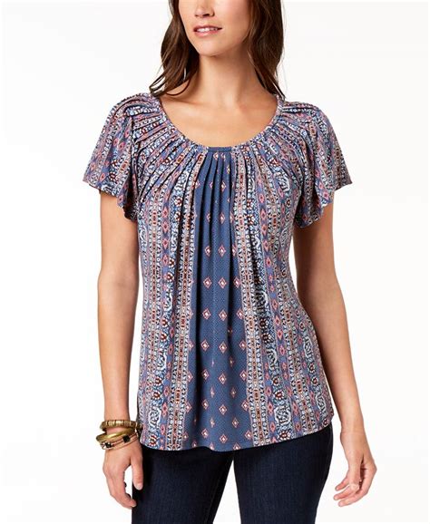 Style And Co Printed Pleat Neck Top Created For Macys Macys