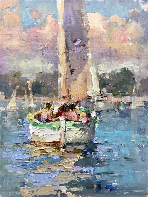 An Oil Painting Of Sailboats In The Water