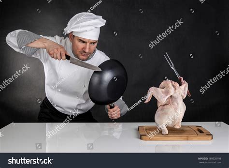 Chef Fighting Knife Pan Raw Chicken Stock Photo 189520193 Shutterstock