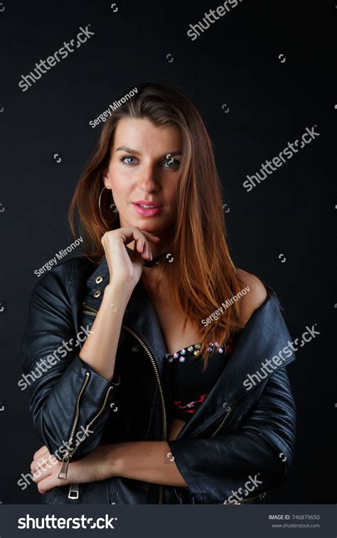 Longhaired Brunette Lingerie Leather Jacket Stock Photo 746879650 Shutterstock
