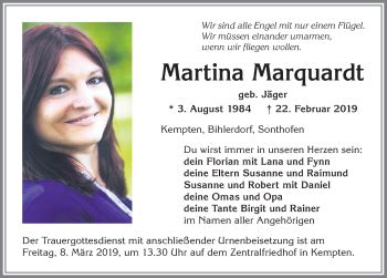 Traueranzeigen von Martina Marquardt Allgäuer Zeitung