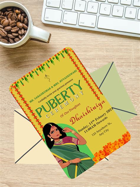 Half Saree Ceremony Invitation And Puberty Ceremony Invitation Digital Template Canva Editable And