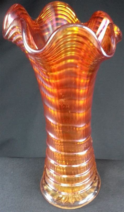 Antique Imperial Ripple Iridescent Marigold Carnival Glass Swung Vase Rippleswung Antique