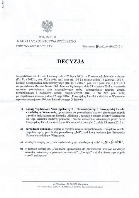 Decyzja Europejska Uczelnia W Warszawie