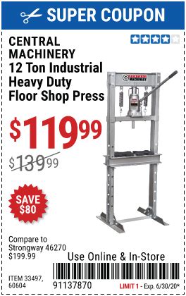 CENTRAL MACHINERY 12 ton H-Frame Industrial Heavy Duty Floor Shop Press for $119.99 – Harbor ...