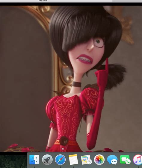 The Animated Character Is Dressed In Red And Holding An Object Up To Her Face