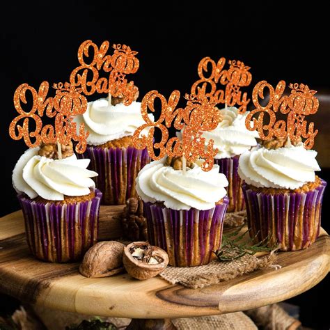 Gyufise 24pcs Pumpkin Oh Baby Cupcake Toppers Glitter Fall Theme