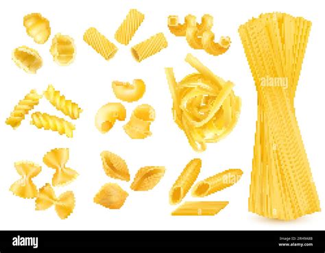 Realistic Set Of Dry Italian Pasta Types Isolated On White Background