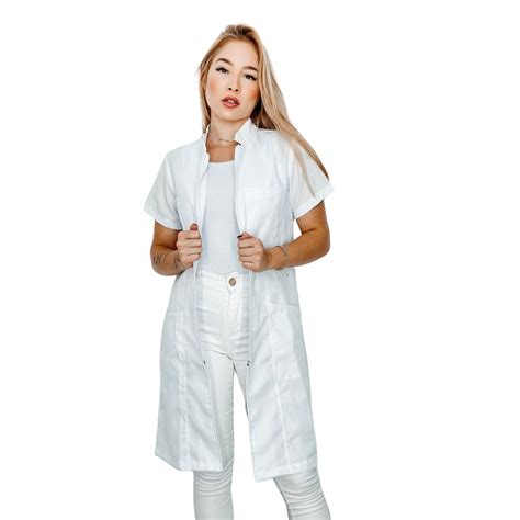 Jaleco Feminino Oxford Ziper Branco Manga Curta Acinturado Gola