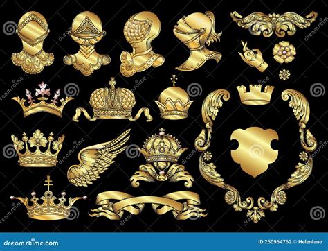 Set Of Crowns Knight Helmet Shield Coat Of Arms Ribboncrawnset1zz Stock Vector