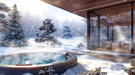 Luxurious Outdoor Hot Tub At A Winter Ski Resort With Snow Covered Trees Modern Architecture