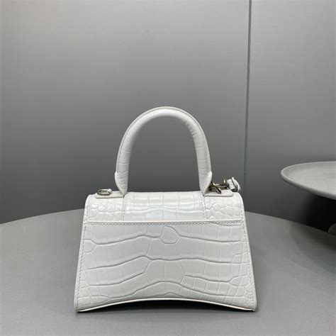 原單balenciaga巴黎世家 Hourglass 加小號鱷魚紋壓紋手提包沙漏包 白色銀扣