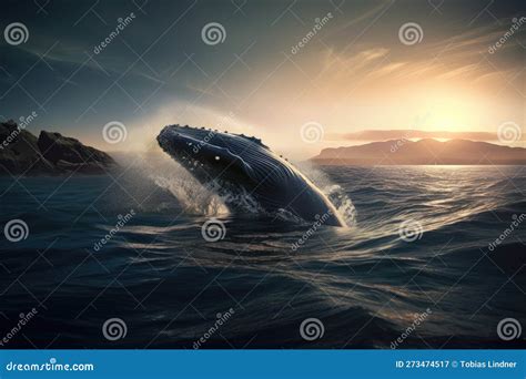 Whale Jumping Out of Water, Sunset Scene Stock Illustration - Illustration of whale, coast ...