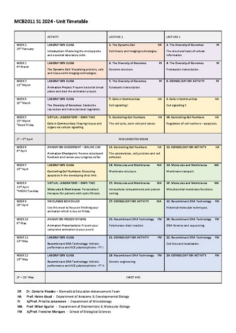 MCB2011 Unit Timetable MCB2011 S1 202 4 Unit Timetable ACTIVITY