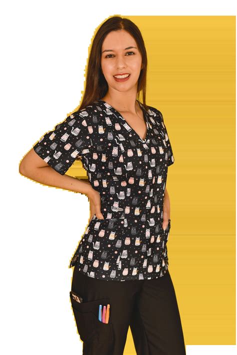 Uniforme Cl Nico Estampado Gatos Negro Tops Mujer Aur Sima