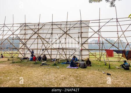 A sight screen on a bamboo pole structure at the cricket pitch in ...