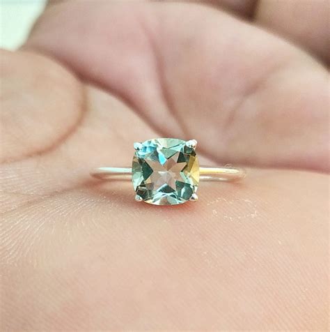 Green Amethyst Solitaire Ring Natural Green Cushion Gemstone Ring