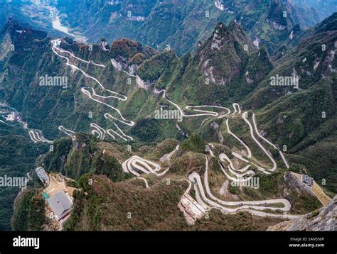 View of the skyline winding Tianmen Mountain 99 Bending Road in ...