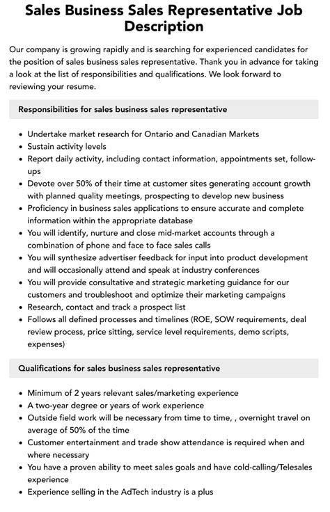 Sales Business Sales Representative Job Description Velvet Jobs