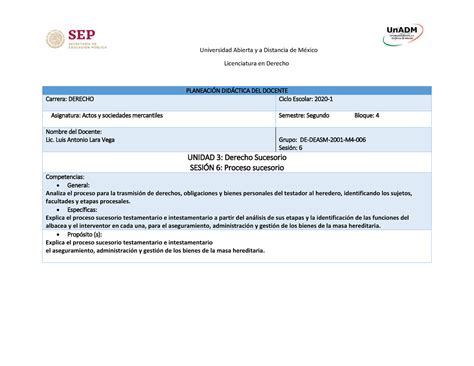 Planeación S6 DE Actos y sociedades mercantiles Licenciatura en