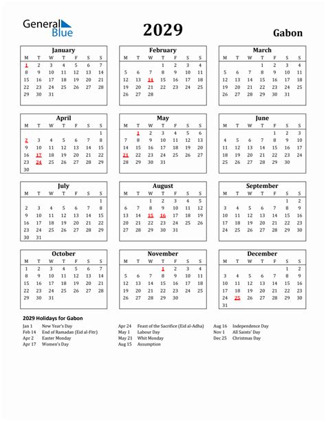 Free Printable 2029 Gabon Holiday Calendar